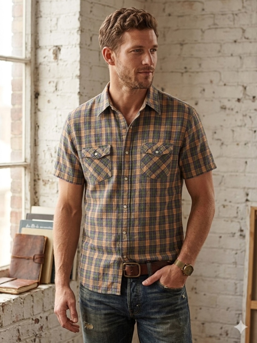 Denim & Supply Plaid Short‎ Sleeve Button Up Shirt Western Pearl Snap Classic
